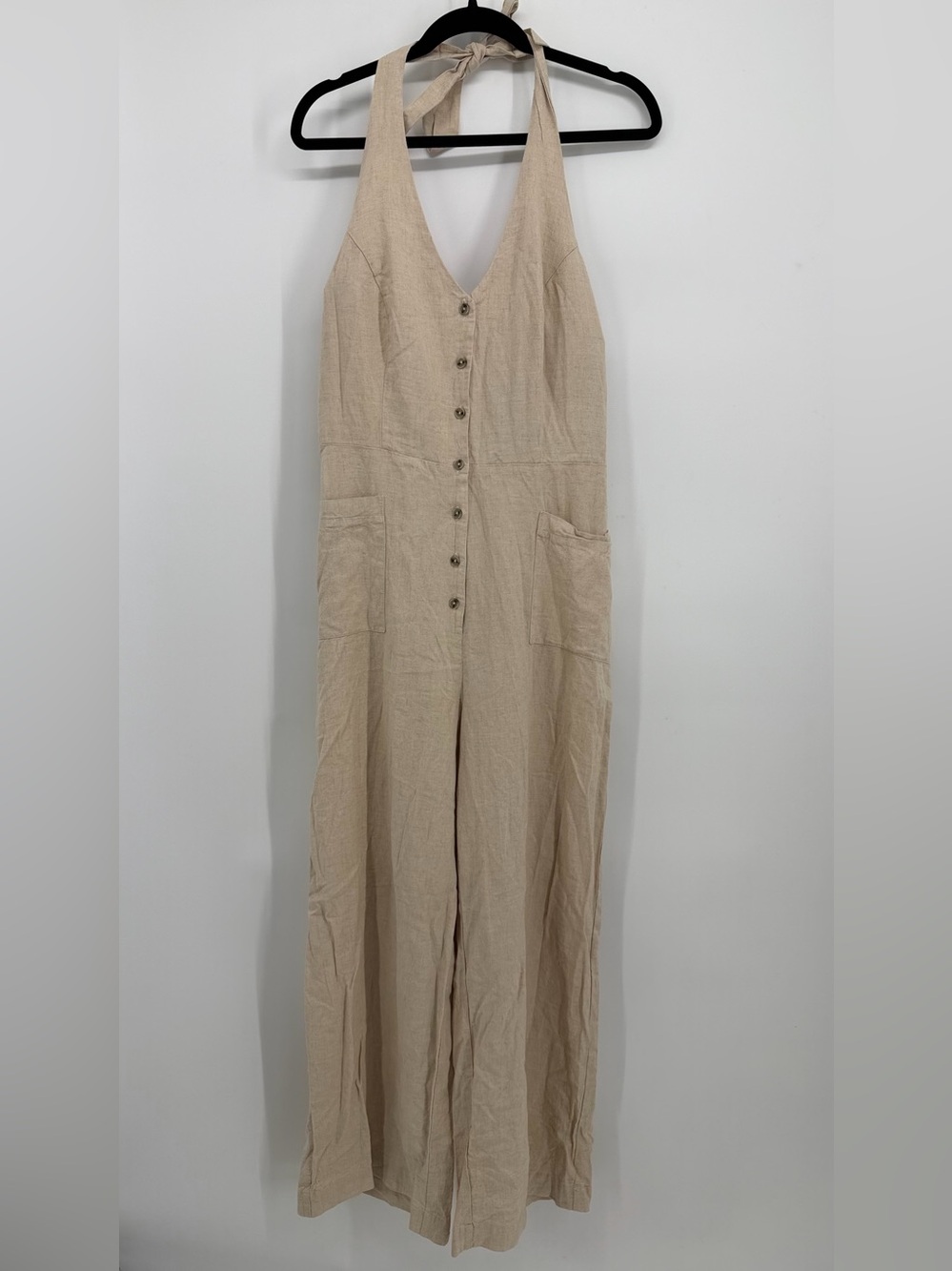 Lascana Linen Blend Halter Wide Leg Jumpsuit Beige Size 10